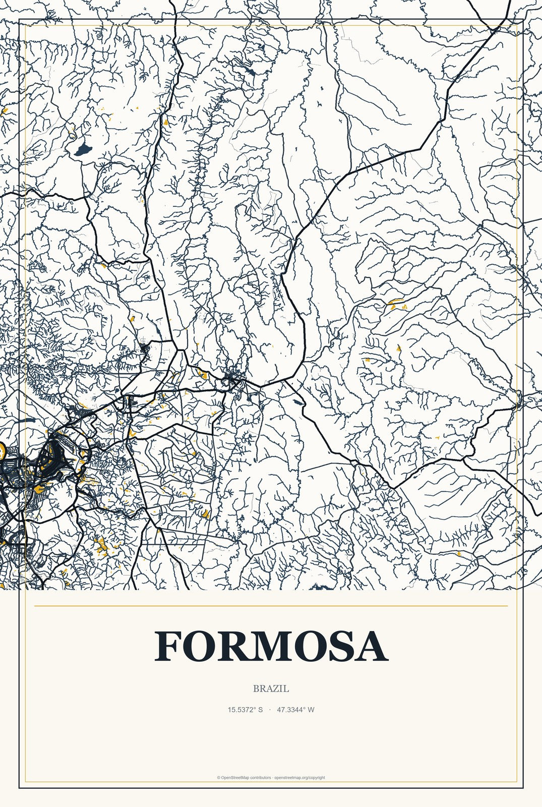 Formosa, Brazil City Map Aluminum Sign in Citrine Modern style
