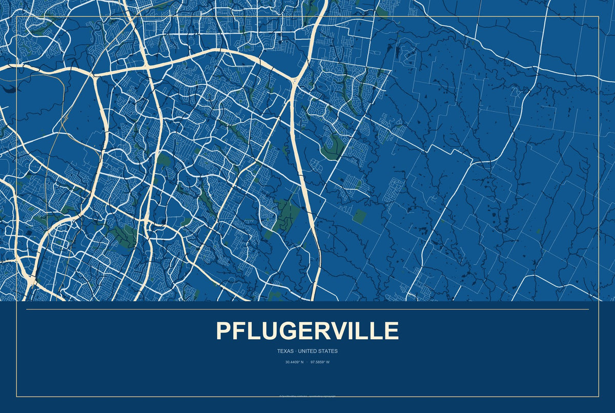 Pflugerville, Texas City Map Aluminum Sign in Harbor Cobalt style