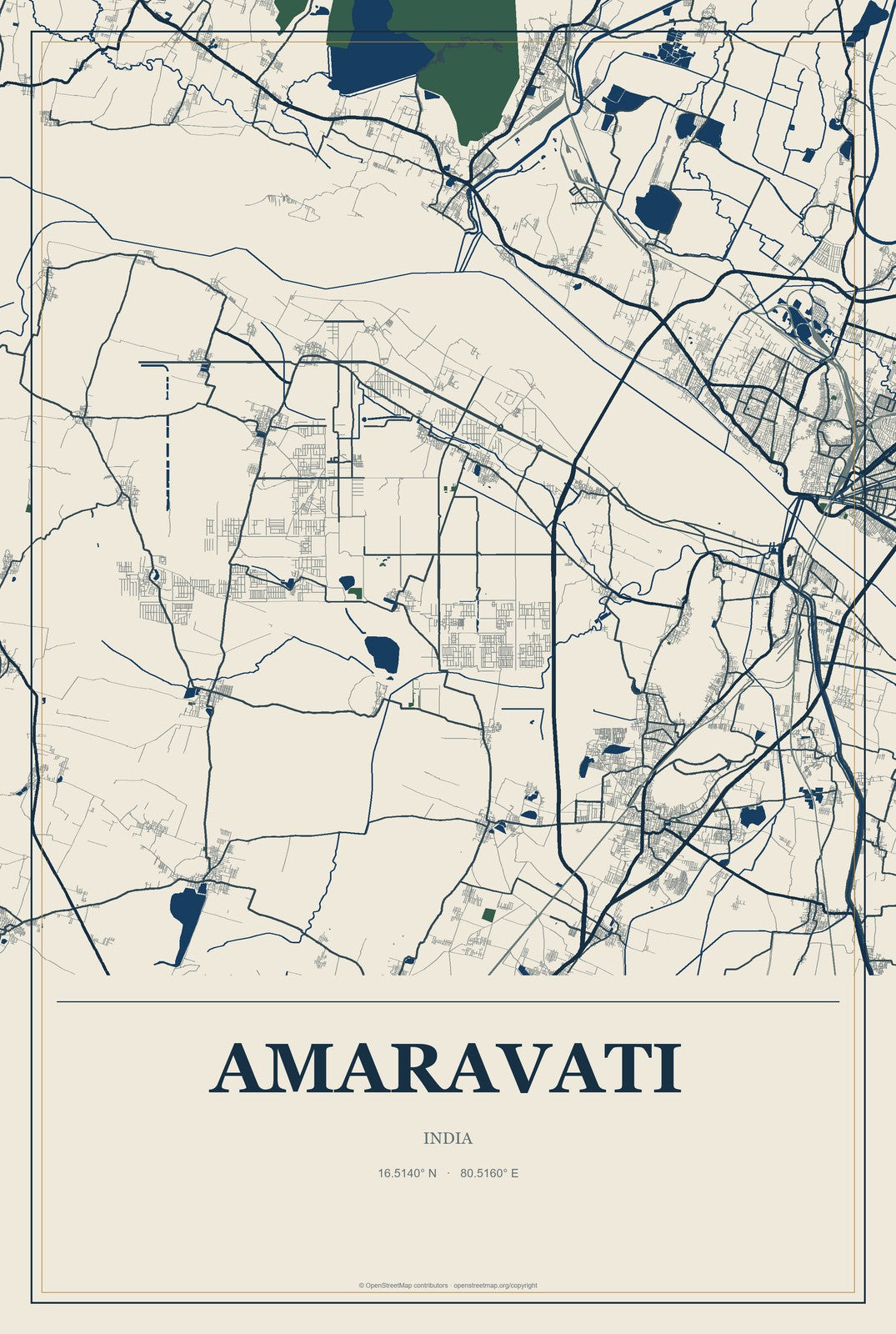 Amaravati, India City Map Aluminum Sign in Coastal Cutout style