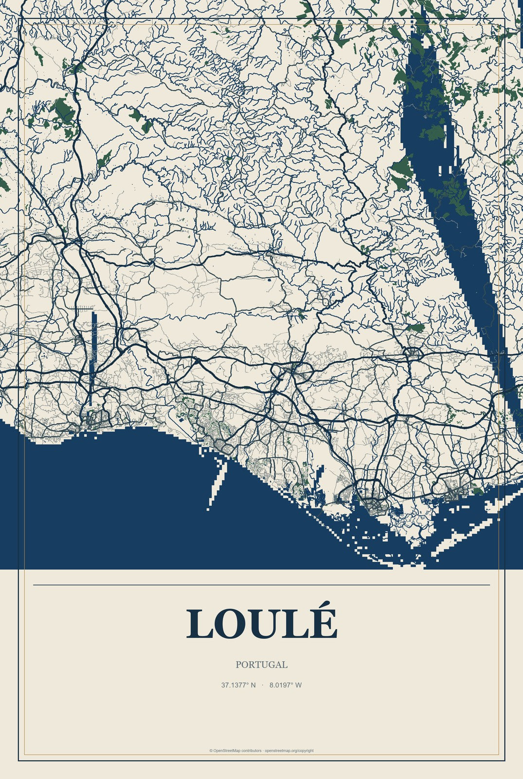 Loulé, Portugal City Map Aluminum Sign in Coastal Cutout style
