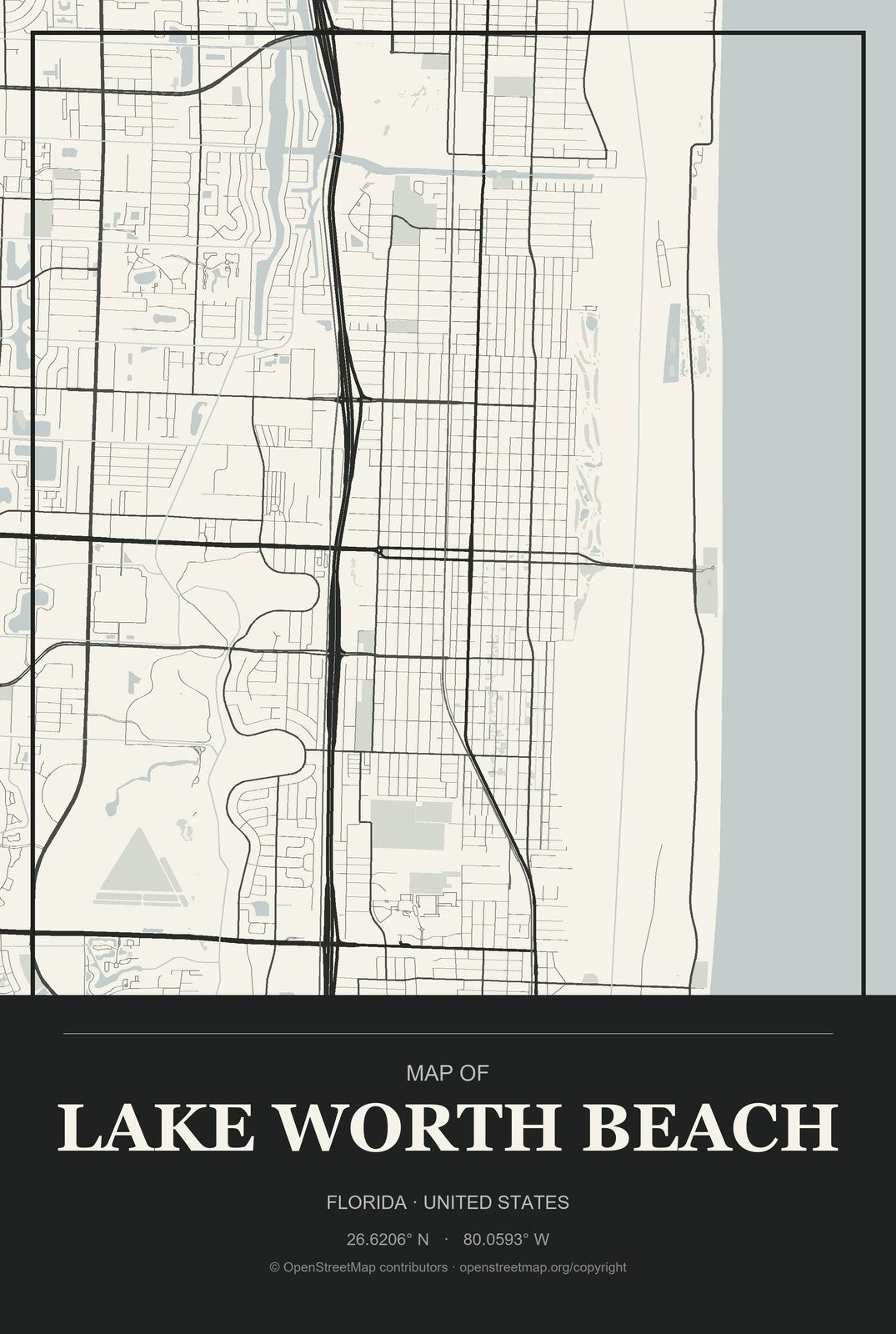 Lake Worth Beach, Florida City Map Aluminum Sign in Museum Plaque style