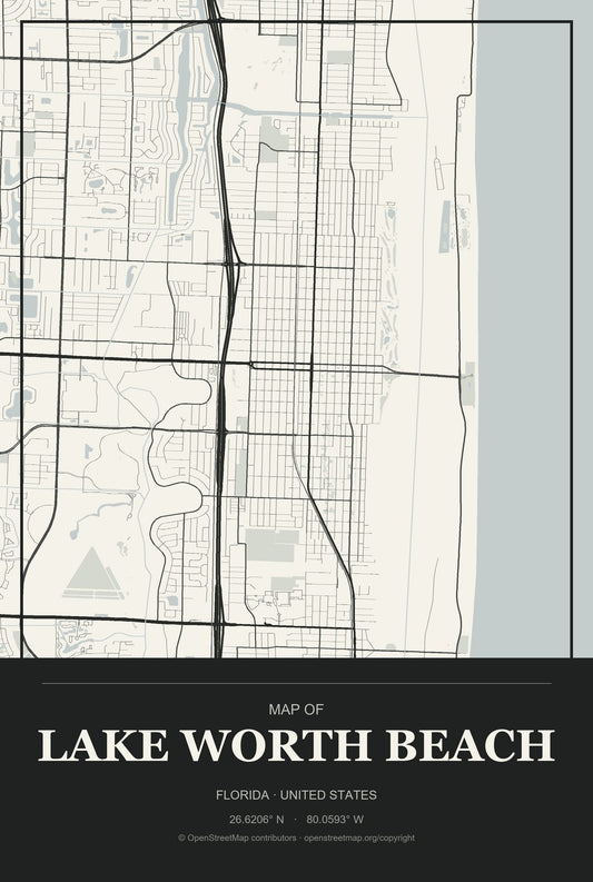 Lake Worth Beach, Florida City Map Aluminum Sign in Museum Plaque style
