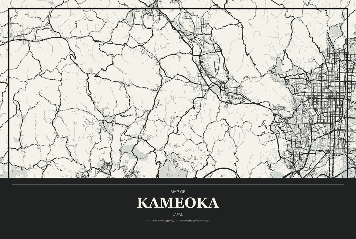 Kameoka, Japan City Map Aluminum Sign in Museum Plaque style