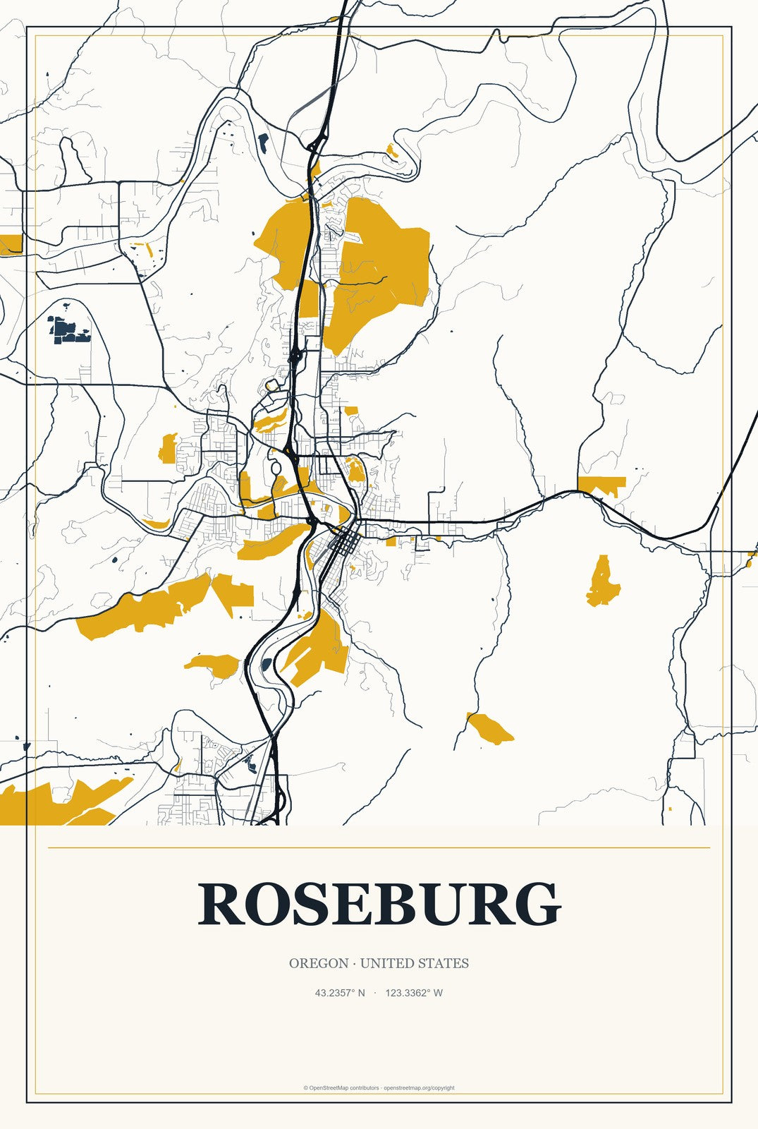 Roseburg, Oregon City Map Aluminum Sign in Citrine Modern style