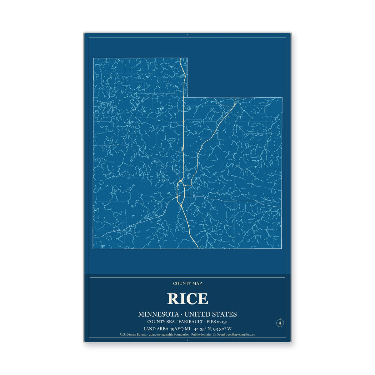 Rice County, Minnesota Map Aluminum Sign in Harbor Cobalt style
