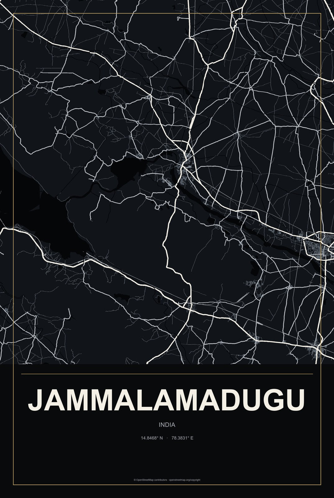 Jammalamadugu, India City Map Aluminum Sign in Metropolitan Noir style