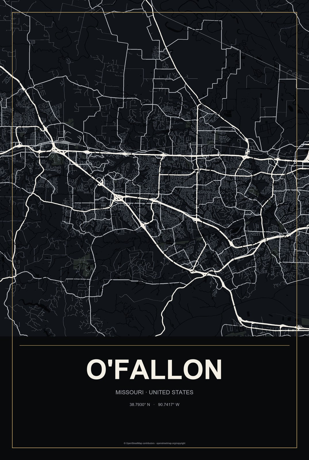 O'Fallon, Missouri City Map Aluminum Sign in Metropolitan Noir style