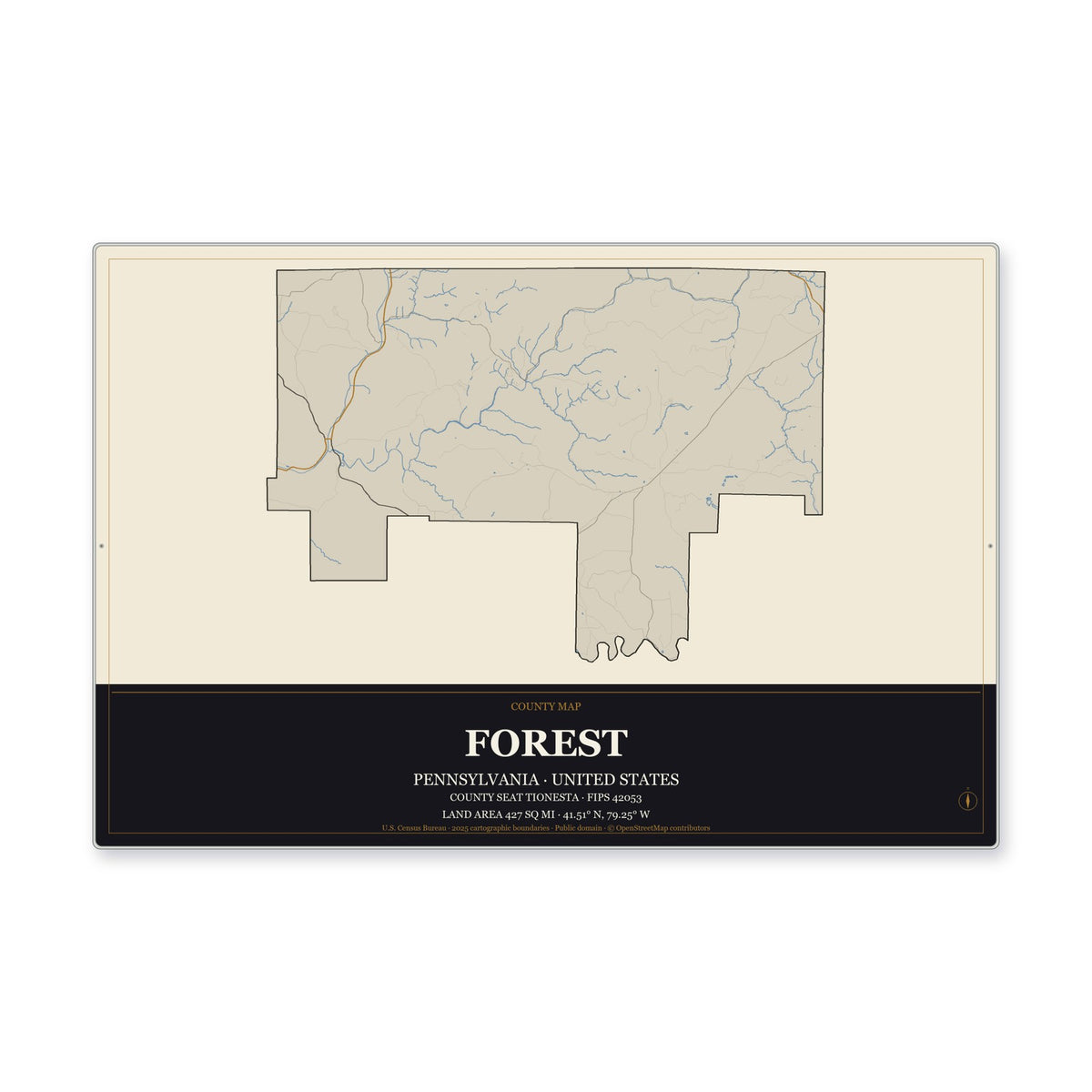 Forest County, Pennsylvania Map Aluminum Sign in Museum Plaque style