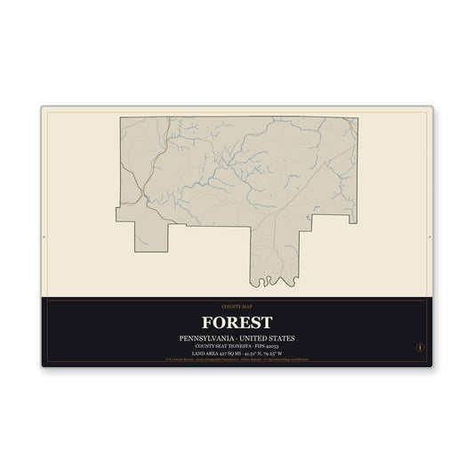 Forest County, Pennsylvania Map Aluminum Sign in Museum Plaque style