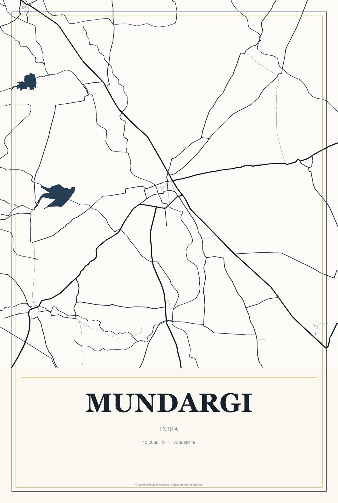 Mundargi, India City Map Aluminum Sign in Citrine Modern style