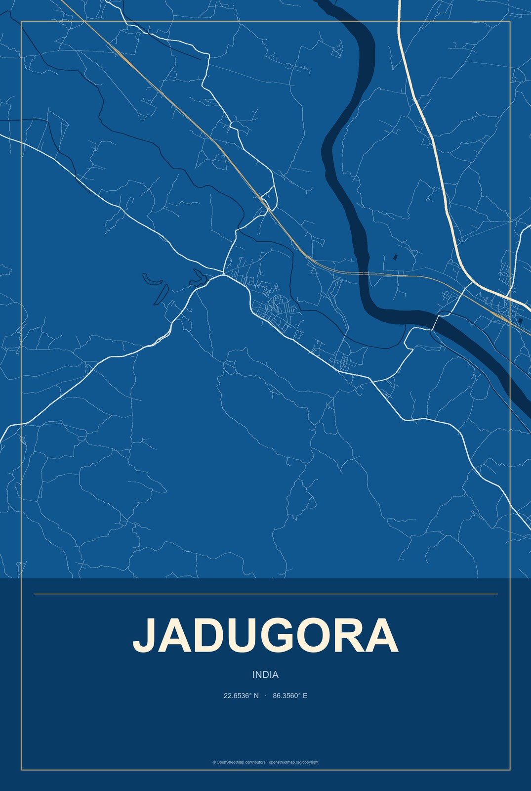 Jadugora, India City Map Aluminum Sign in Harbor Cobalt style
