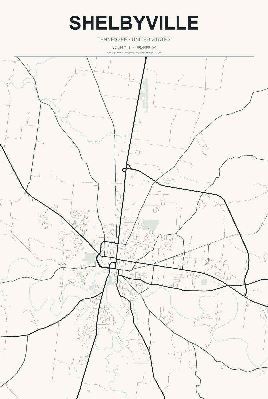 Shelbyville, Tennessee City Map Aluminum Sign in Headline Atlas style