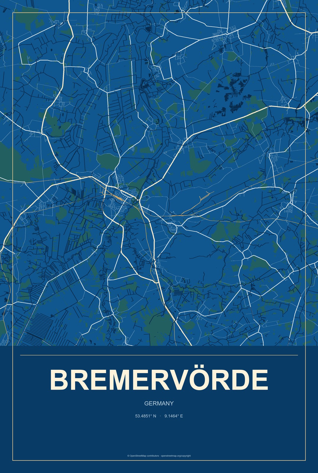 Bremervörde, Germany City Map Aluminum Sign in Harbor Cobalt style