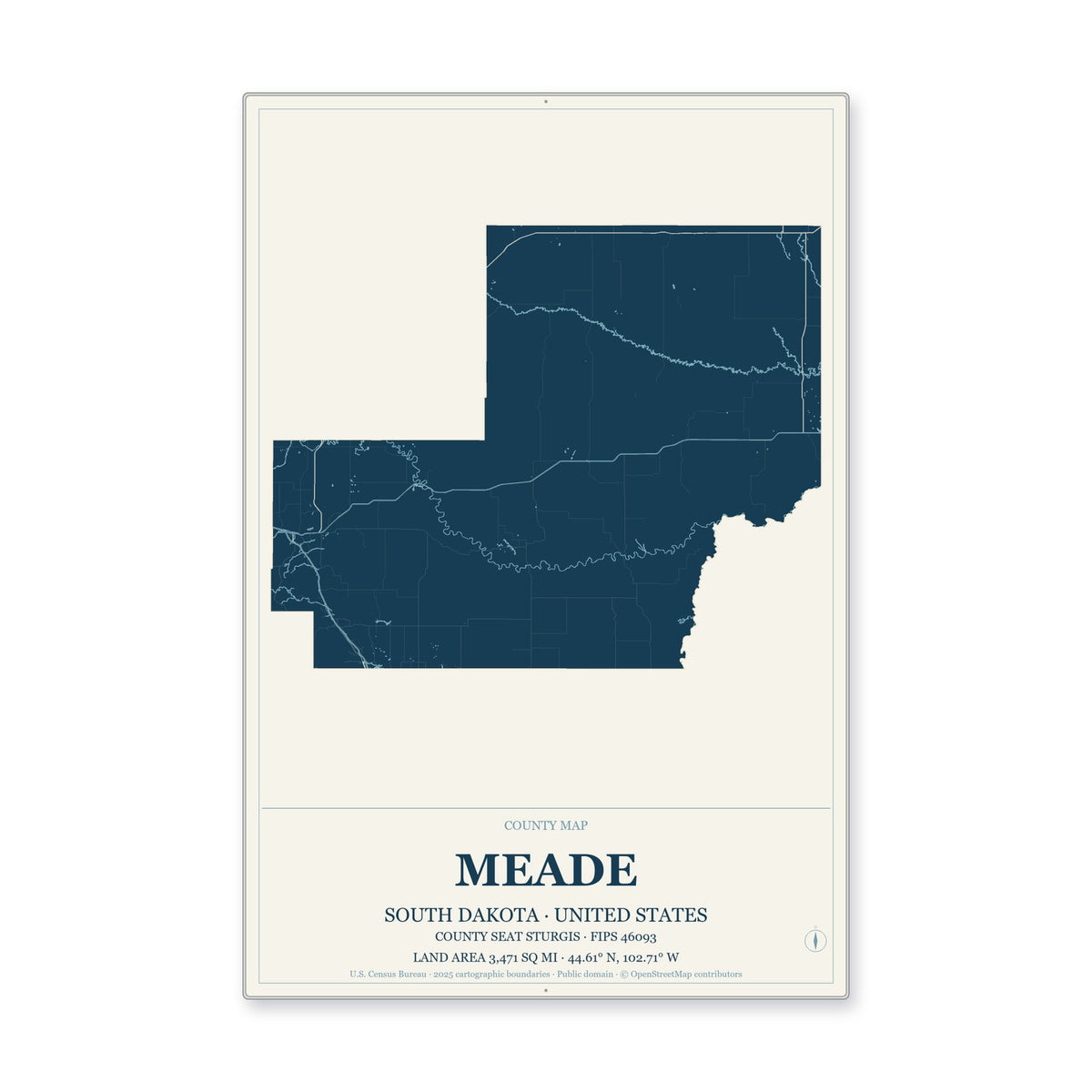 Meade County, South Dakota Map Aluminum Sign in Coastal Cutout style