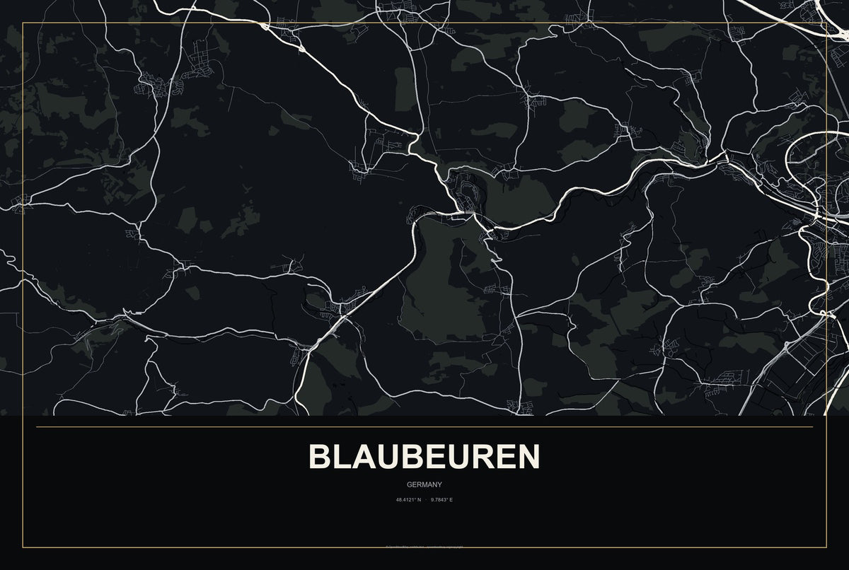 Blaubeuren, Germany City Map Aluminum Sign in Metropolitan Noir style