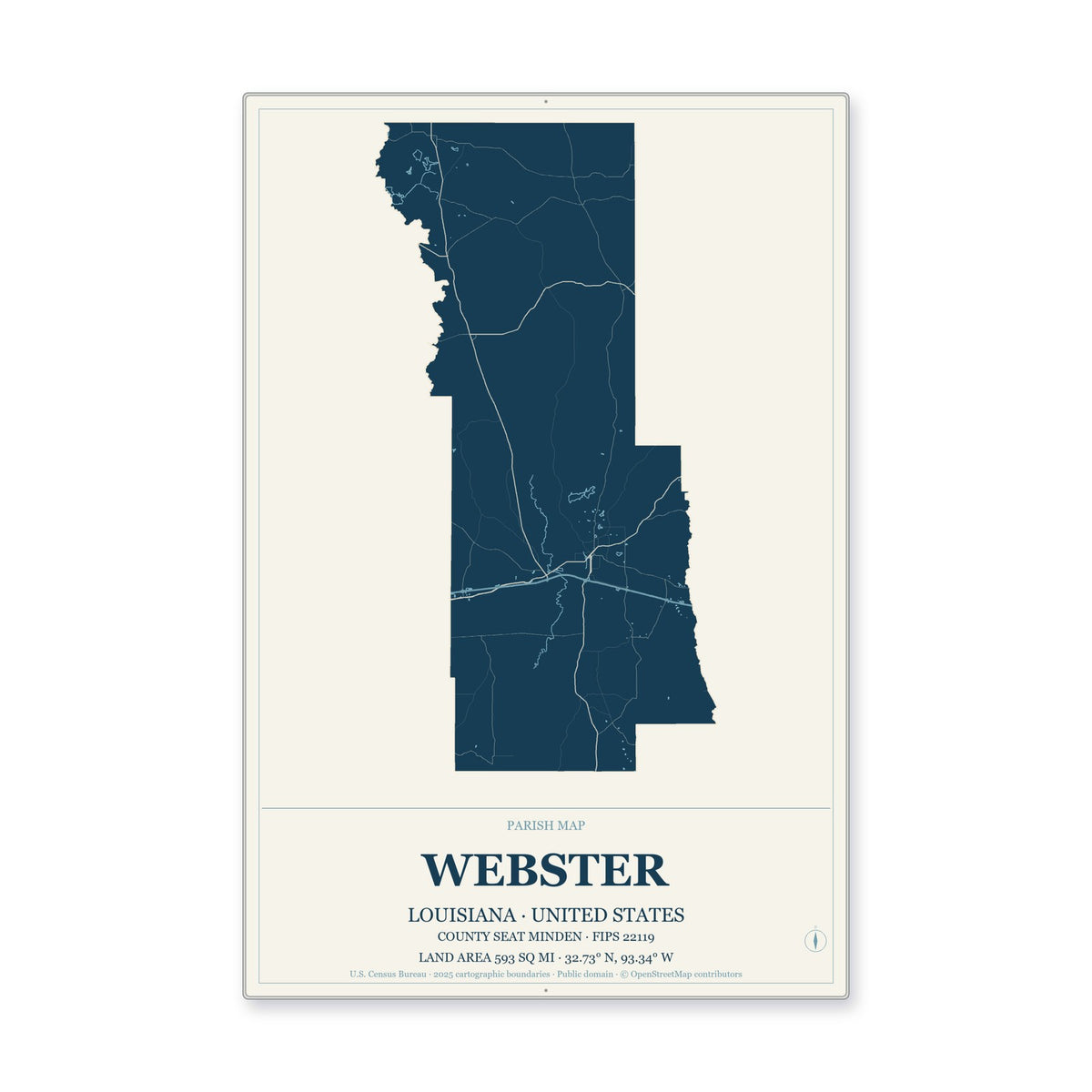 Webster Parish, Louisiana Map Aluminum Sign in Coastal Cutout style