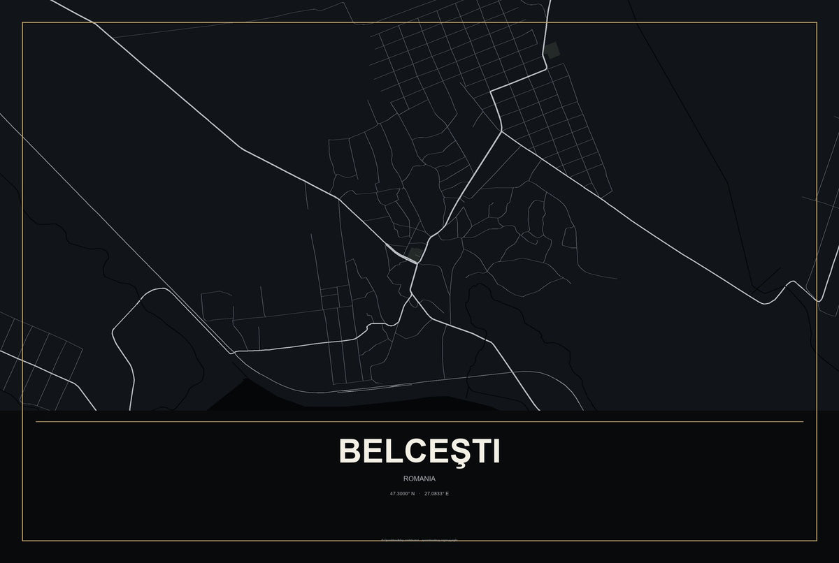 Belceşti, Romania City Map Aluminum Sign in Metropolitan Noir style