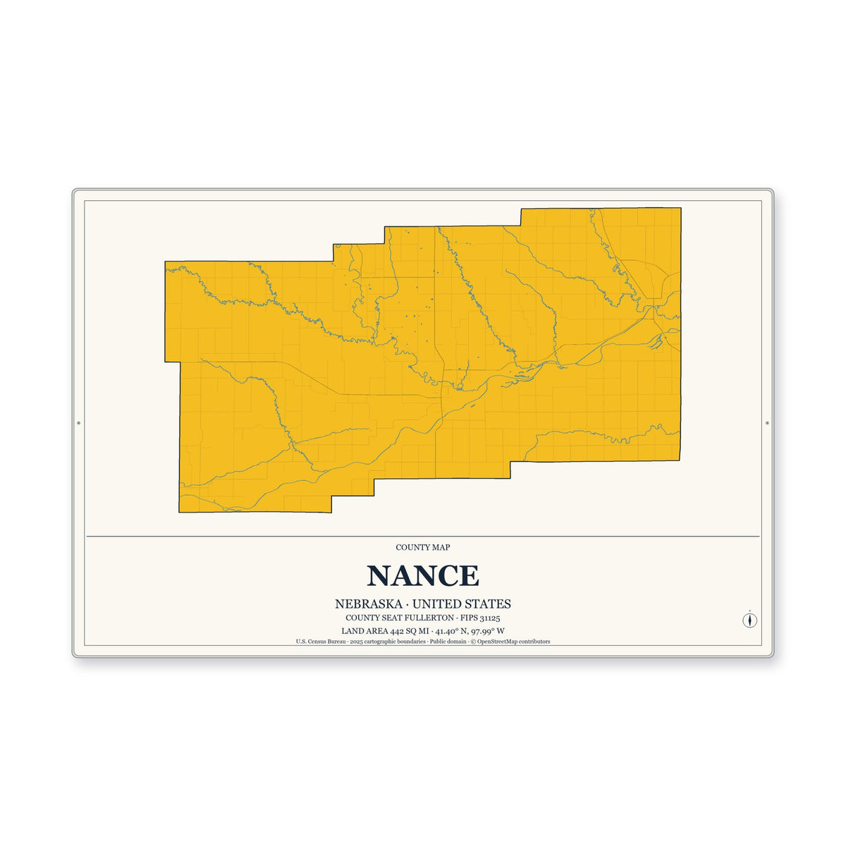 Nance County, Nebraska Map Aluminum Sign in Citrine Modern style