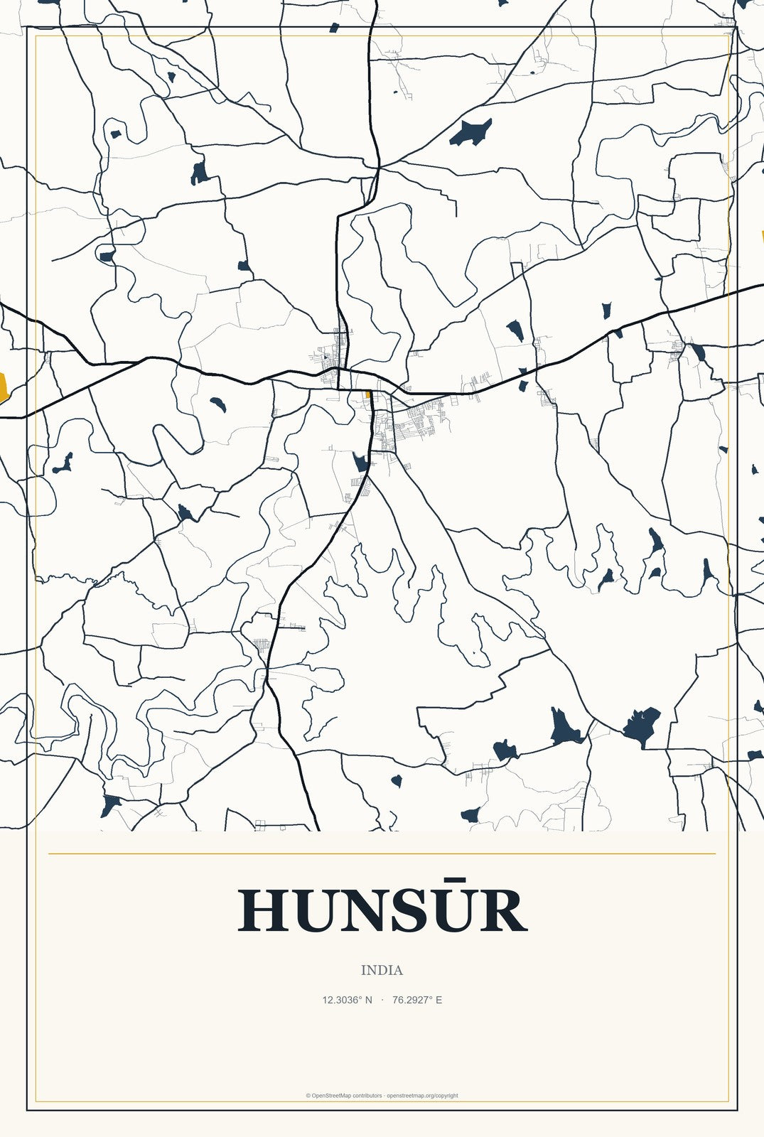 Hunsūr, India City Map Aluminum Sign in Citrine Modern style
