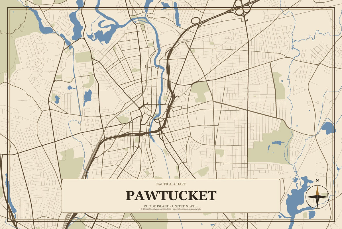 Pawtucket, Rhode Island City Map Aluminum Sign in Heritage Nautical style