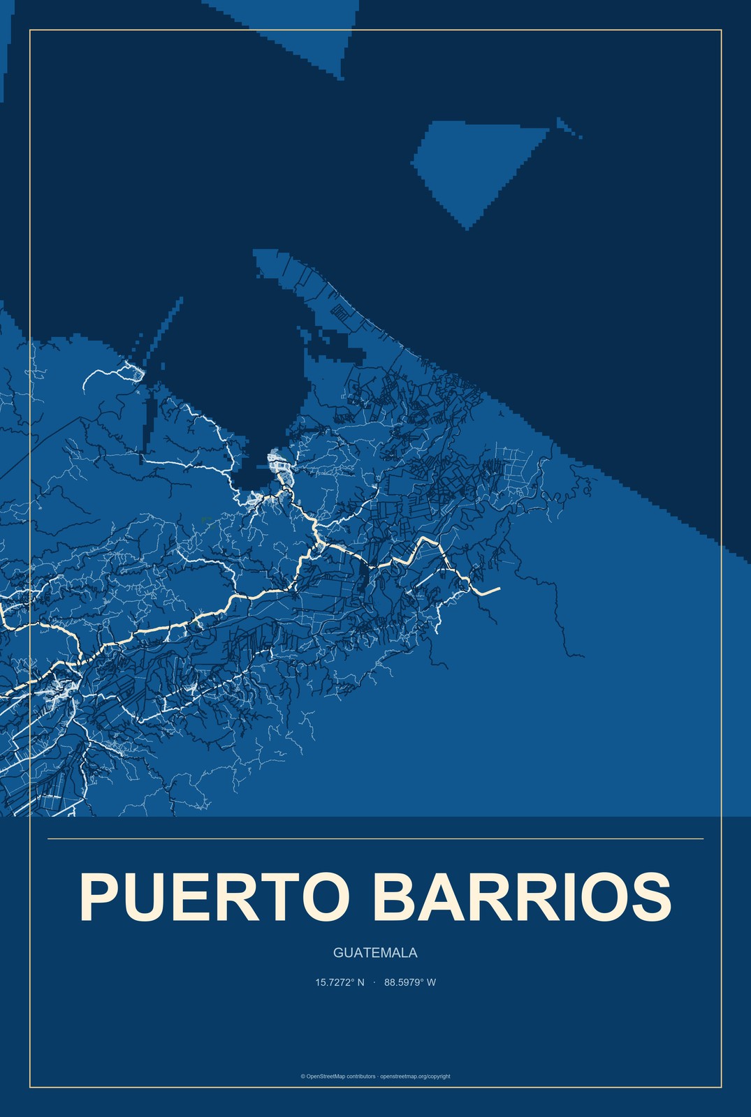 Puerto Barrios, Guatemala City Map Aluminum Sign in Harbor Cobalt style