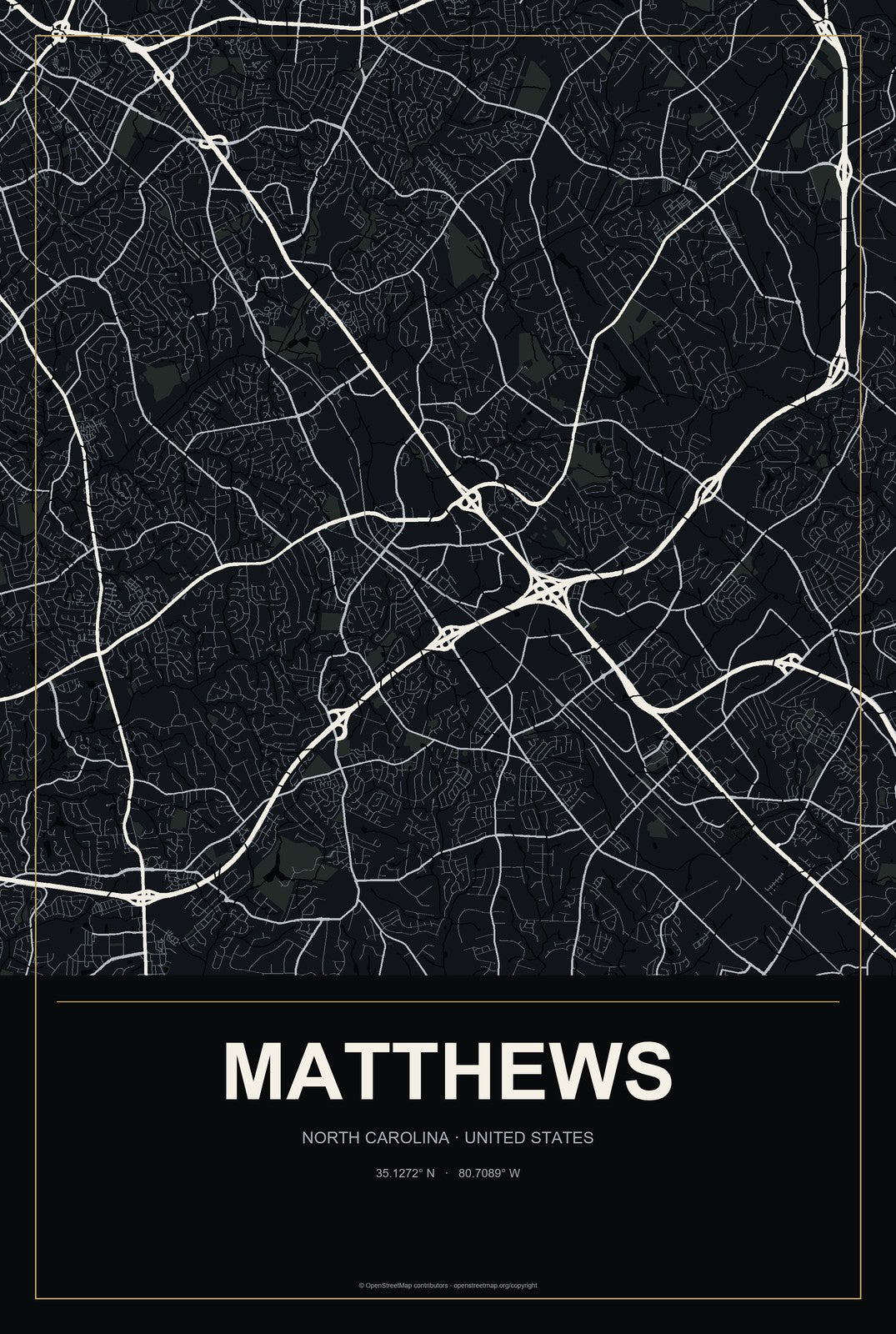 Matthews, North Carolina City Map Aluminum Sign in Metropolitan Noir style