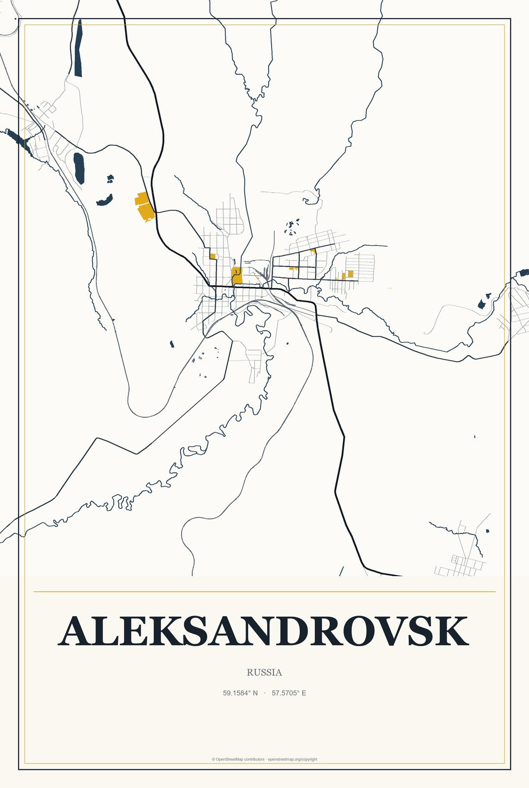 Aleksandrovsk, Russia City Map Aluminum Sign in Citrine Modern style