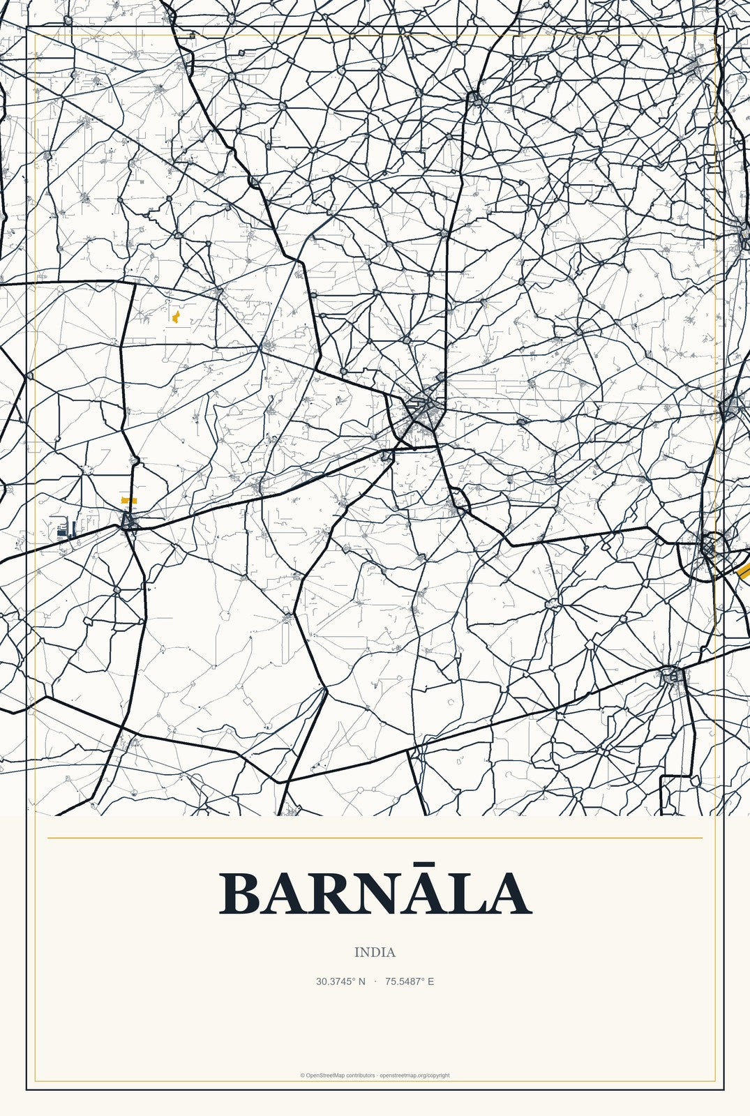 Barnāla, India City Map Aluminum Sign in Citrine Modern style
