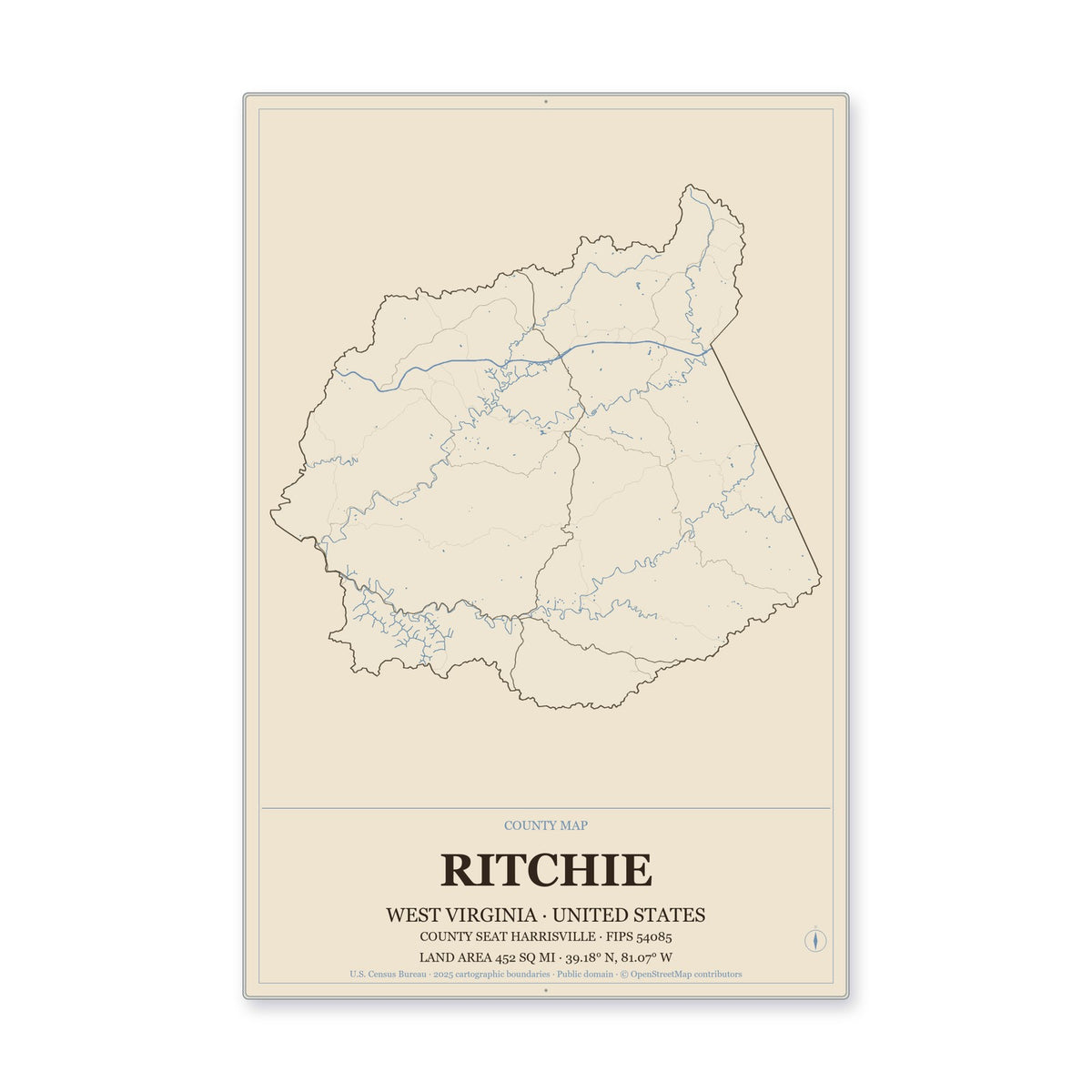 Ritchie County, West Virginia Map Aluminum Sign in Heritage Nautical style