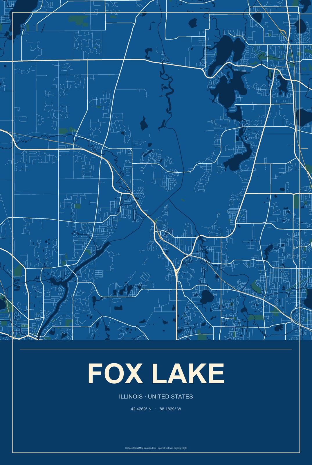Fox Lake, Illinois City Map Aluminum Sign in Harbor Cobalt style