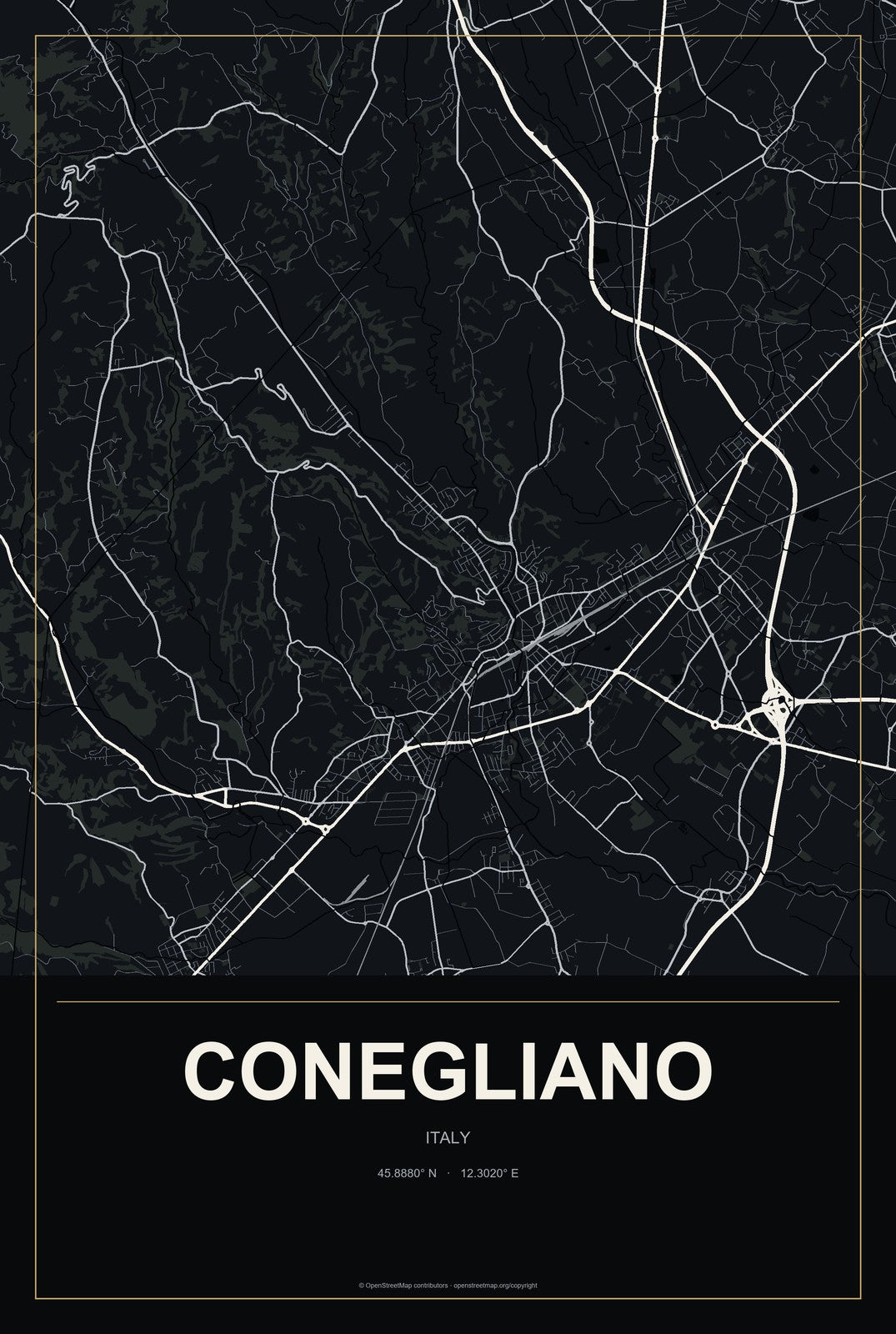 Conegliano, Italy City Map Aluminum Sign in Metropolitan Noir style