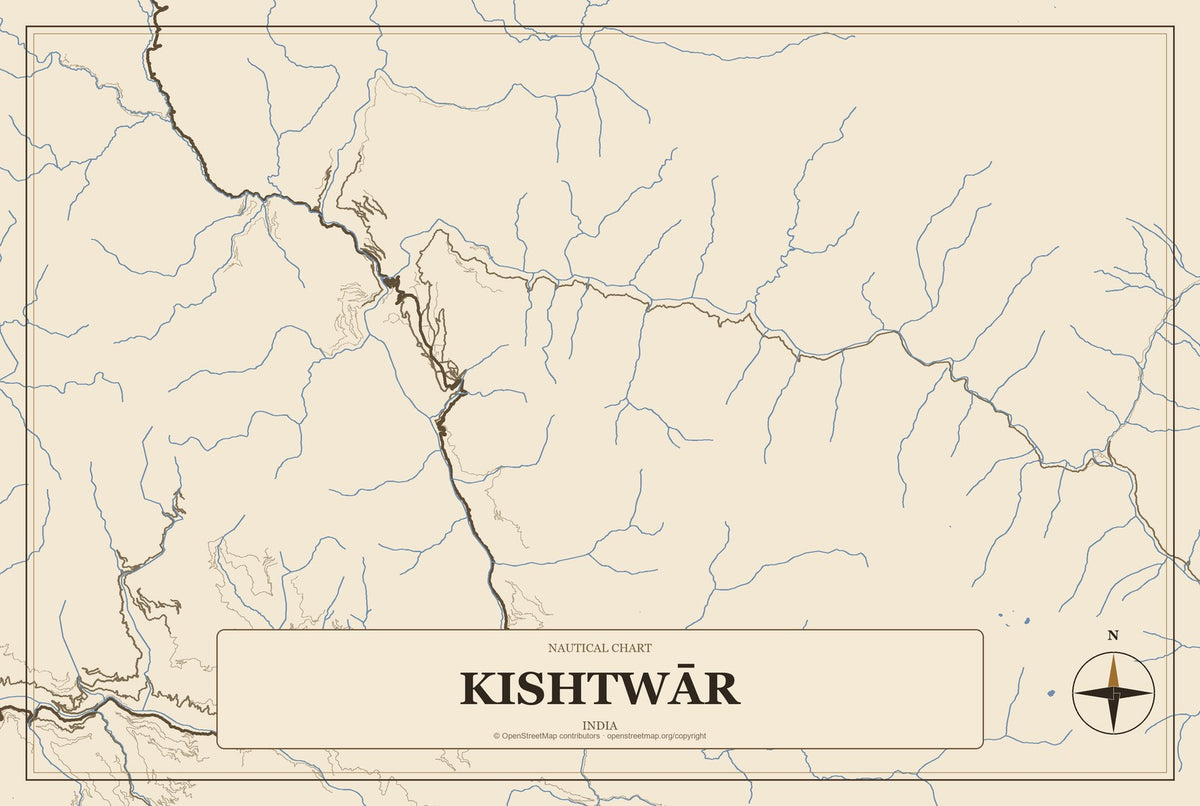 Kishtwār, India City Map Aluminum Sign in Heritage Nautical style