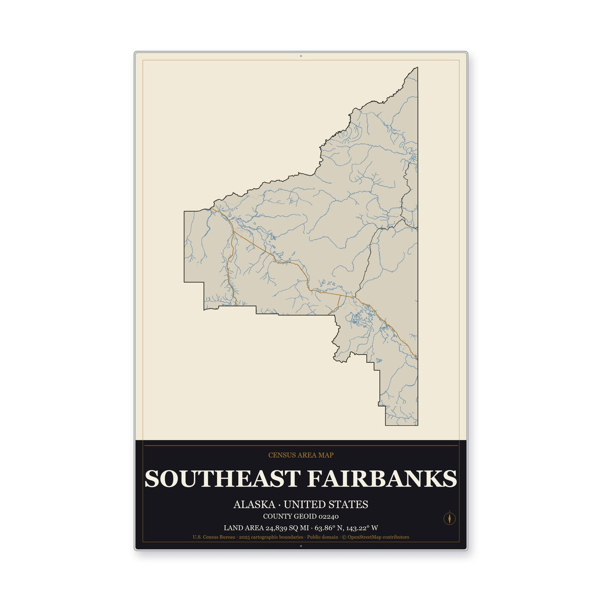 Southeast Fairbanks Census Area, Alaska Map Aluminum Sign in Museum Plaque style