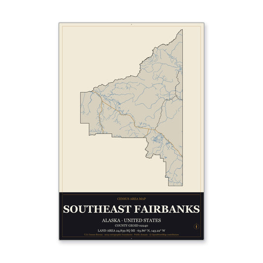 Southeast Fairbanks Census Area, Alaska Map Aluminum Sign in Museum Plaque style