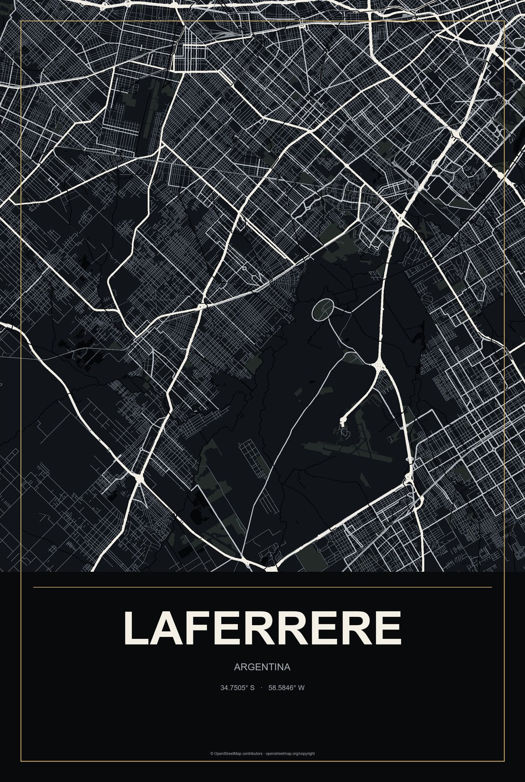 Laferrere, Argentina City Map Aluminum Sign in Metropolitan Noir style