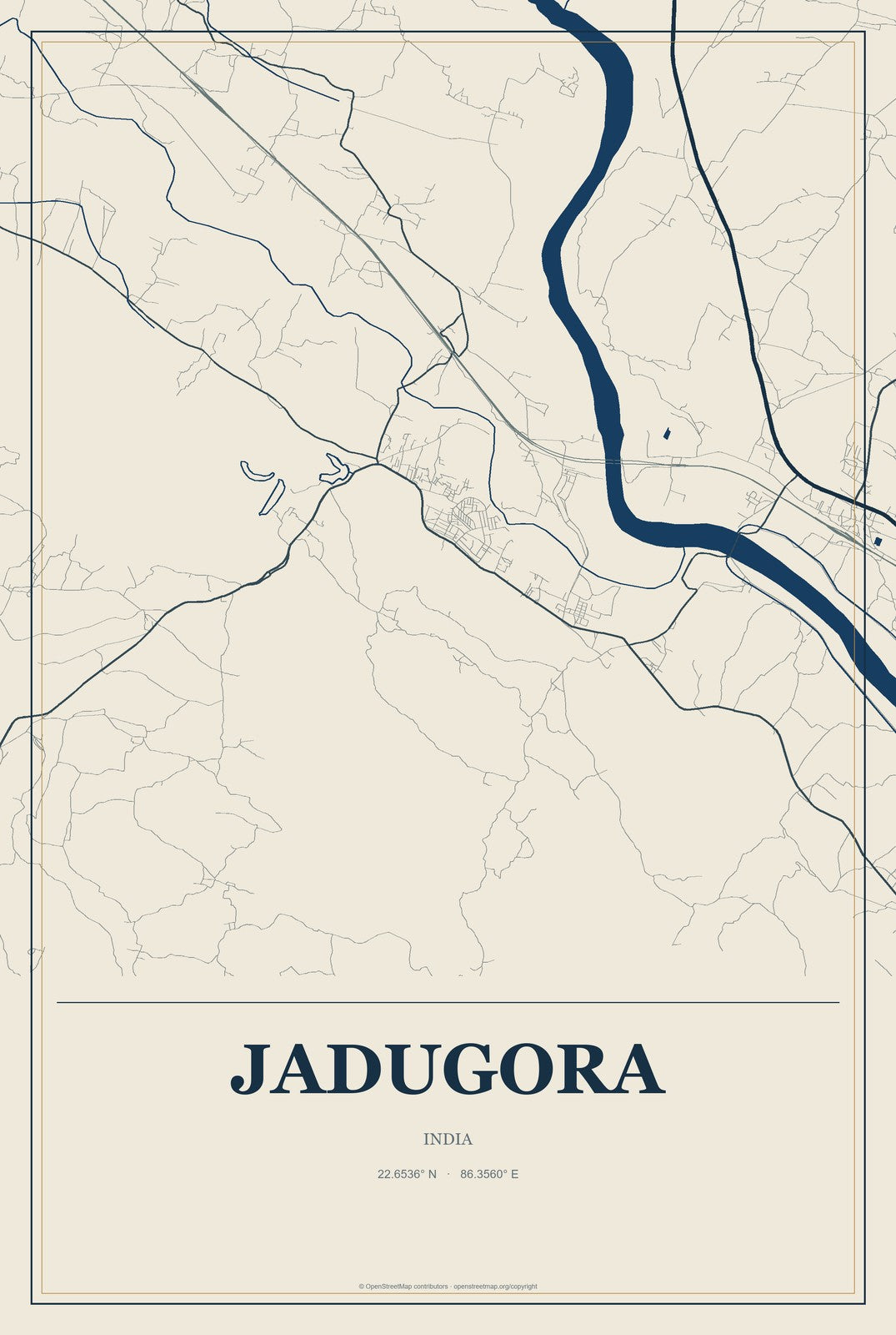 Jadugora, India City Map Aluminum Sign in Coastal Cutout style