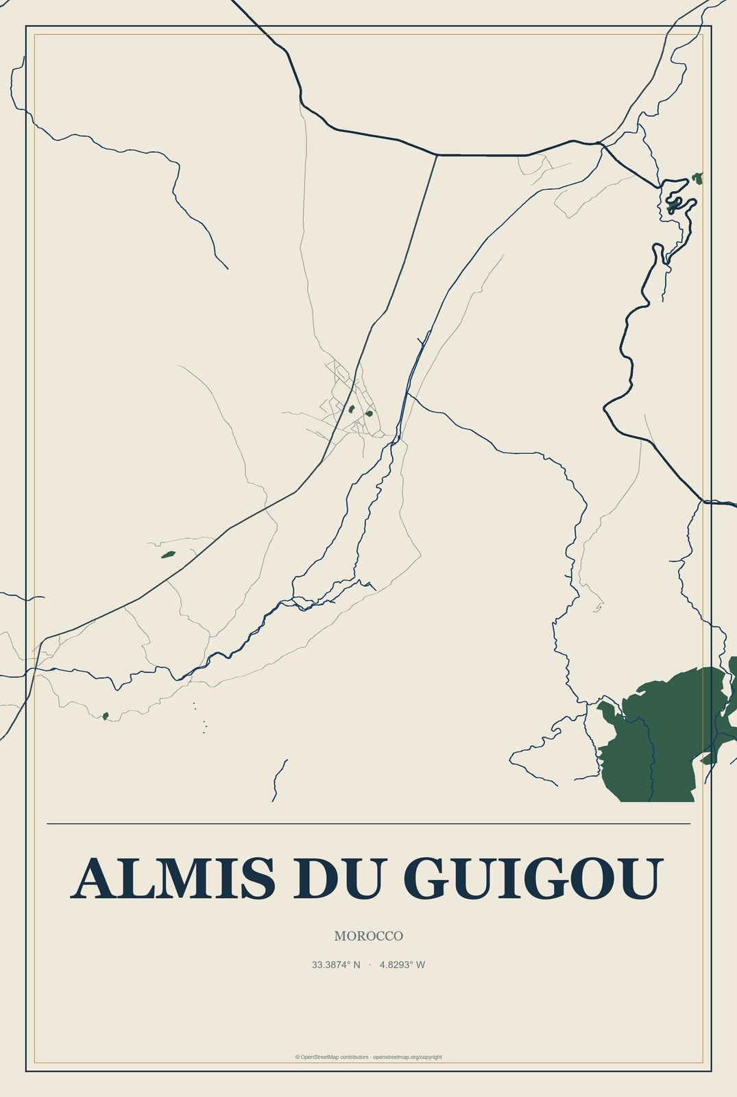 Almis du Guigou, Morocco City Map Aluminum Sign in Coastal Cutout style