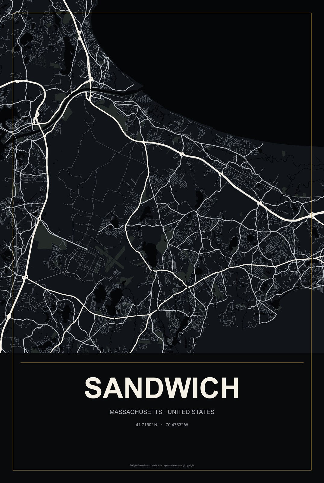 Sandwich, Massachusetts City Map Aluminum Sign in Metropolitan Noir style