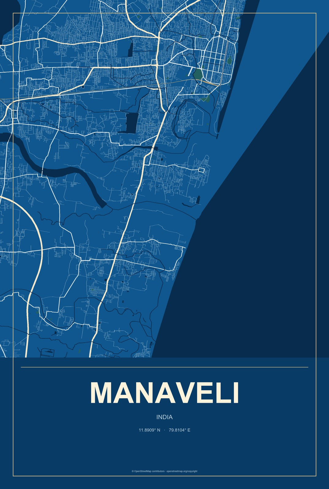 Manaveli, India City Map Aluminum Sign in Harbor Cobalt style