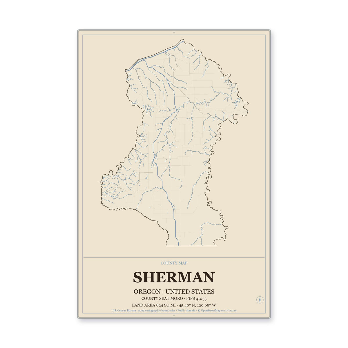 Sherman County, Oregon Map Aluminum Sign in Heritage Nautical style