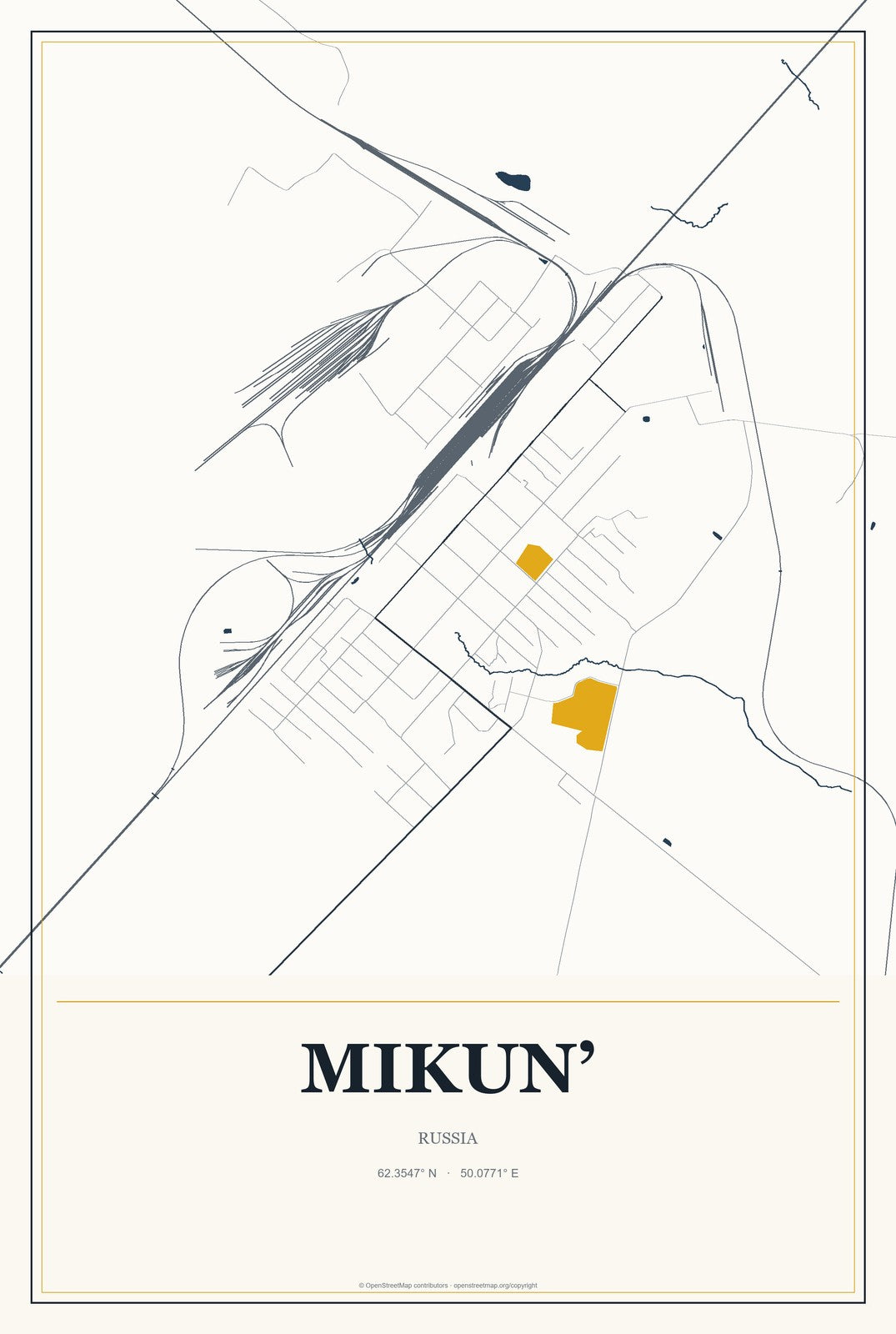 Mikun’, Russia City Map Aluminum Sign in Citrine Modern style