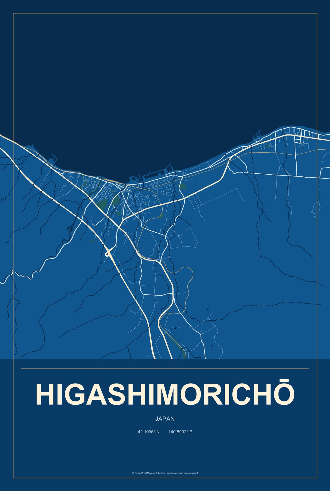 Higashimorichō, Japan City Map Aluminum Sign in Harbor Cobalt style