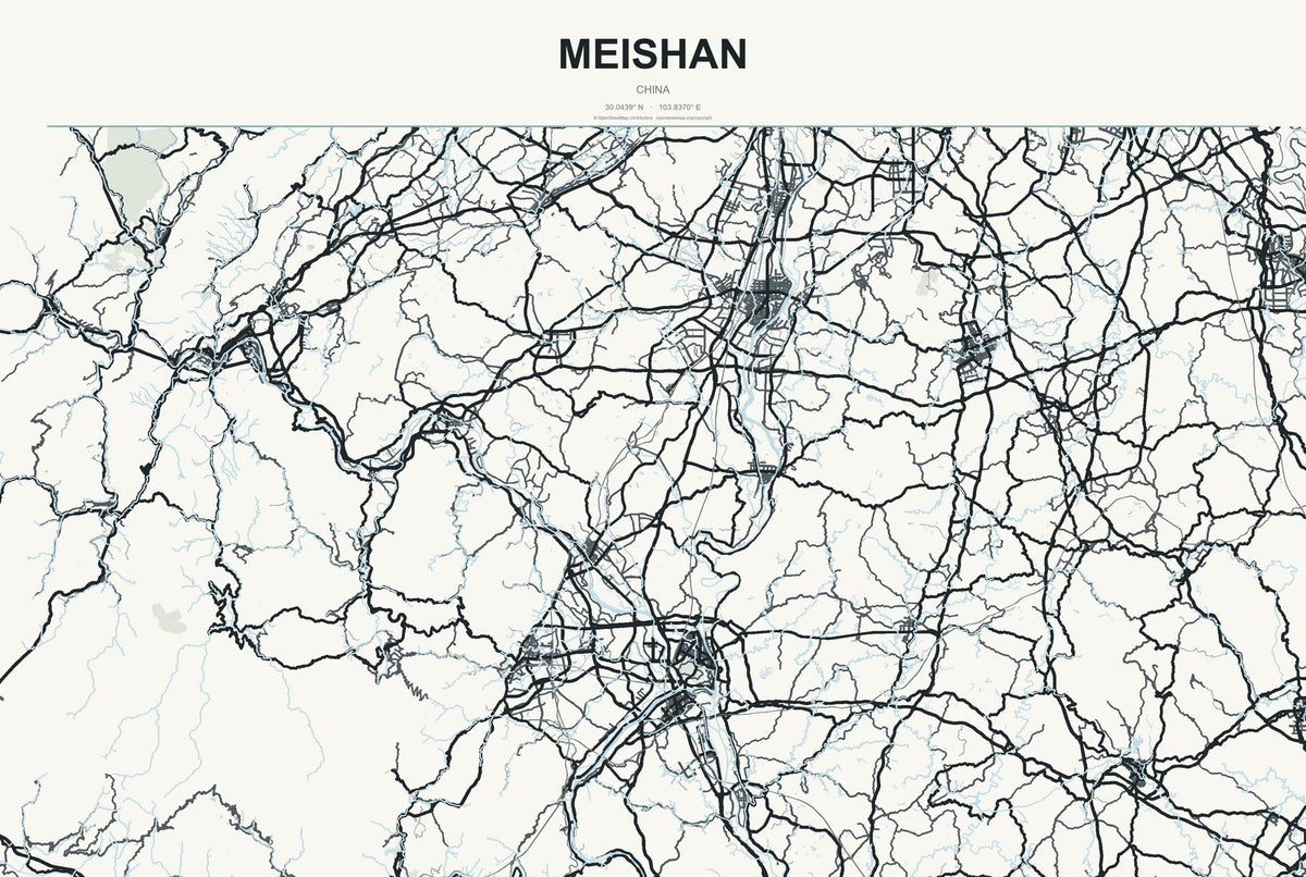 Meishan, China City Map Aluminum Sign in Headline Atlas style