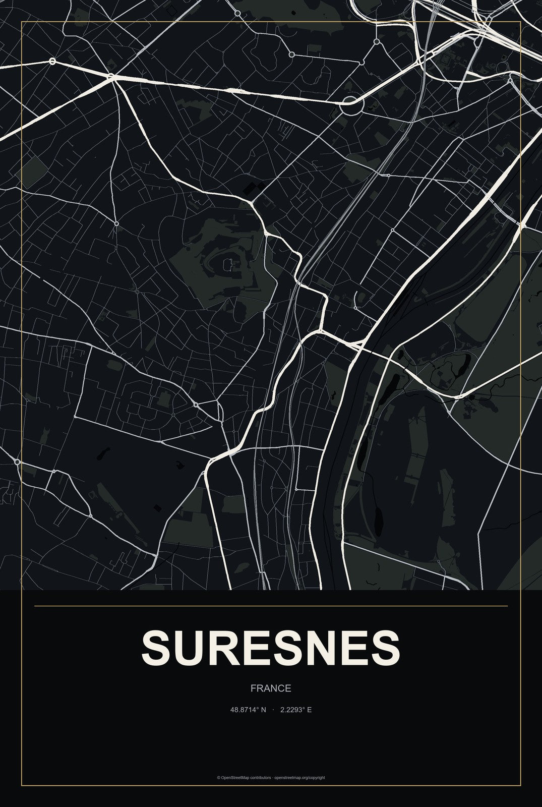 Suresnes, France City Map Aluminum Sign in Metropolitan Noir style