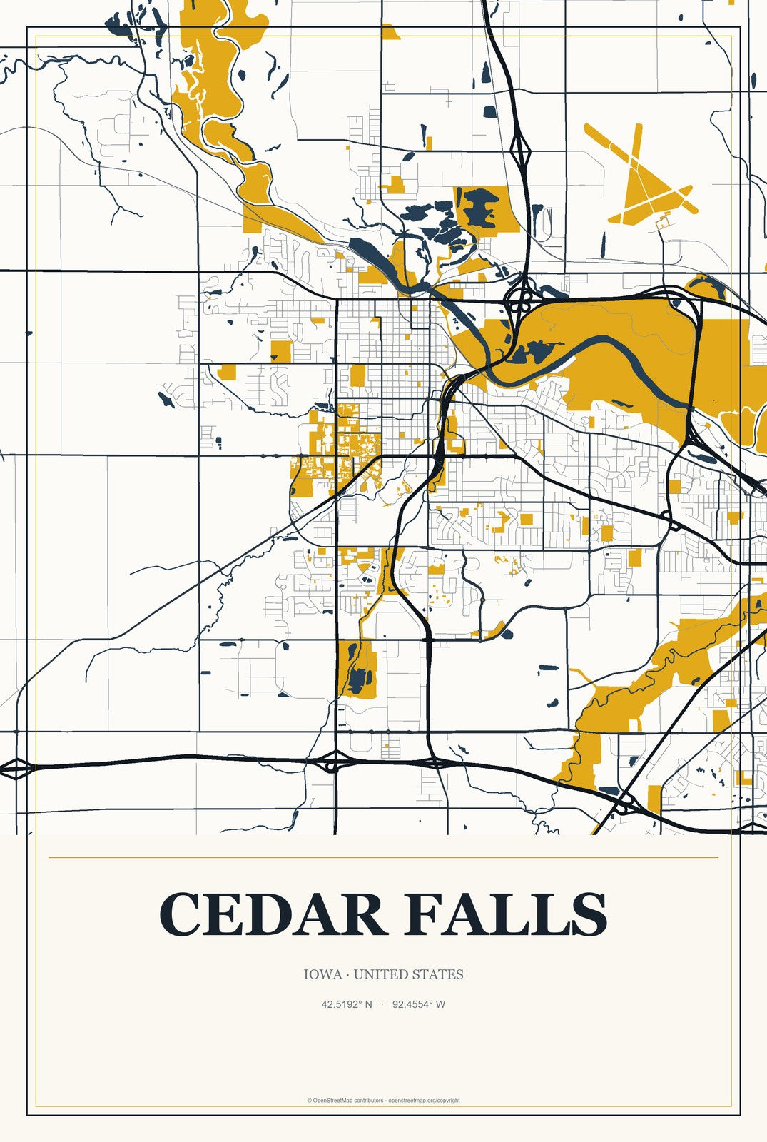 Cedar Falls, Iowa City Map Aluminum Sign in Citrine Modern style