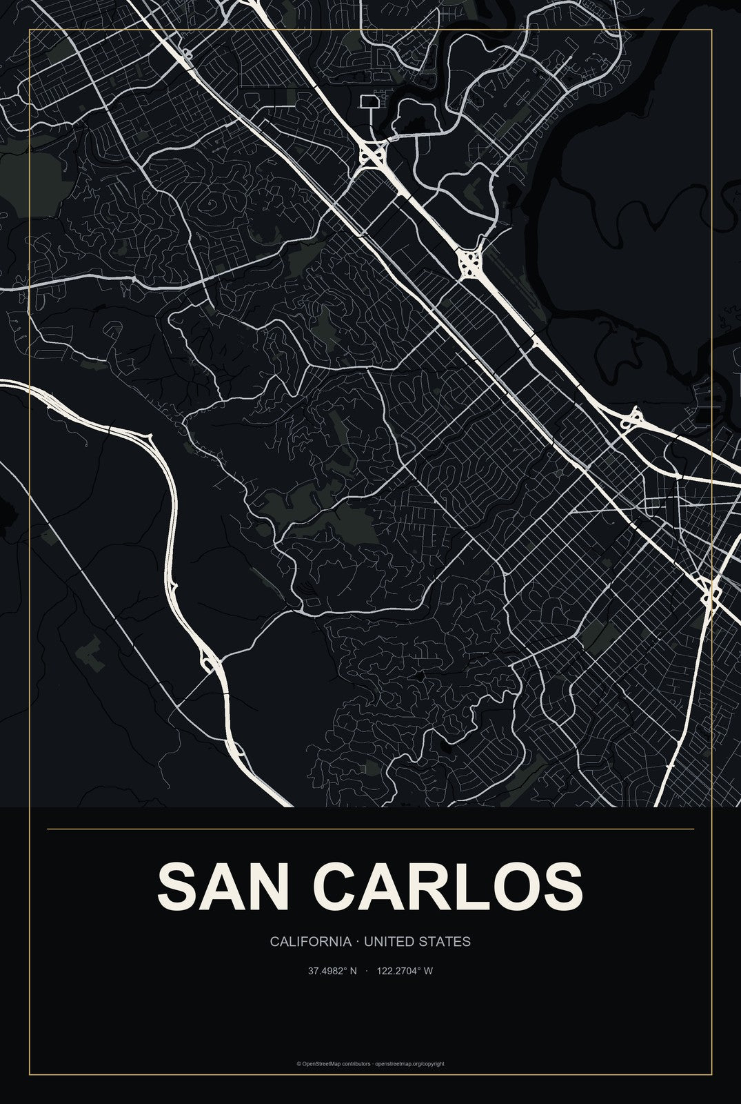 San Carlos, California City Map Aluminum Sign in Metropolitan Noir style