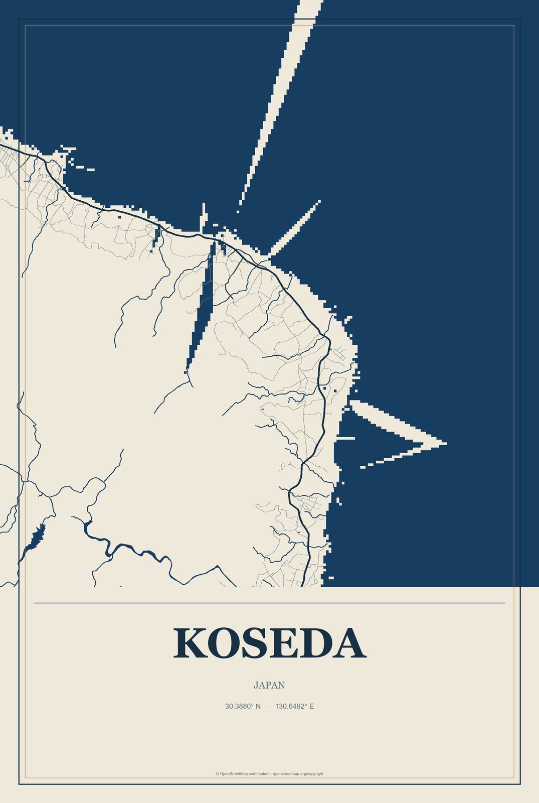 Koseda, Japan City Map Aluminum Sign in Coastal Cutout style