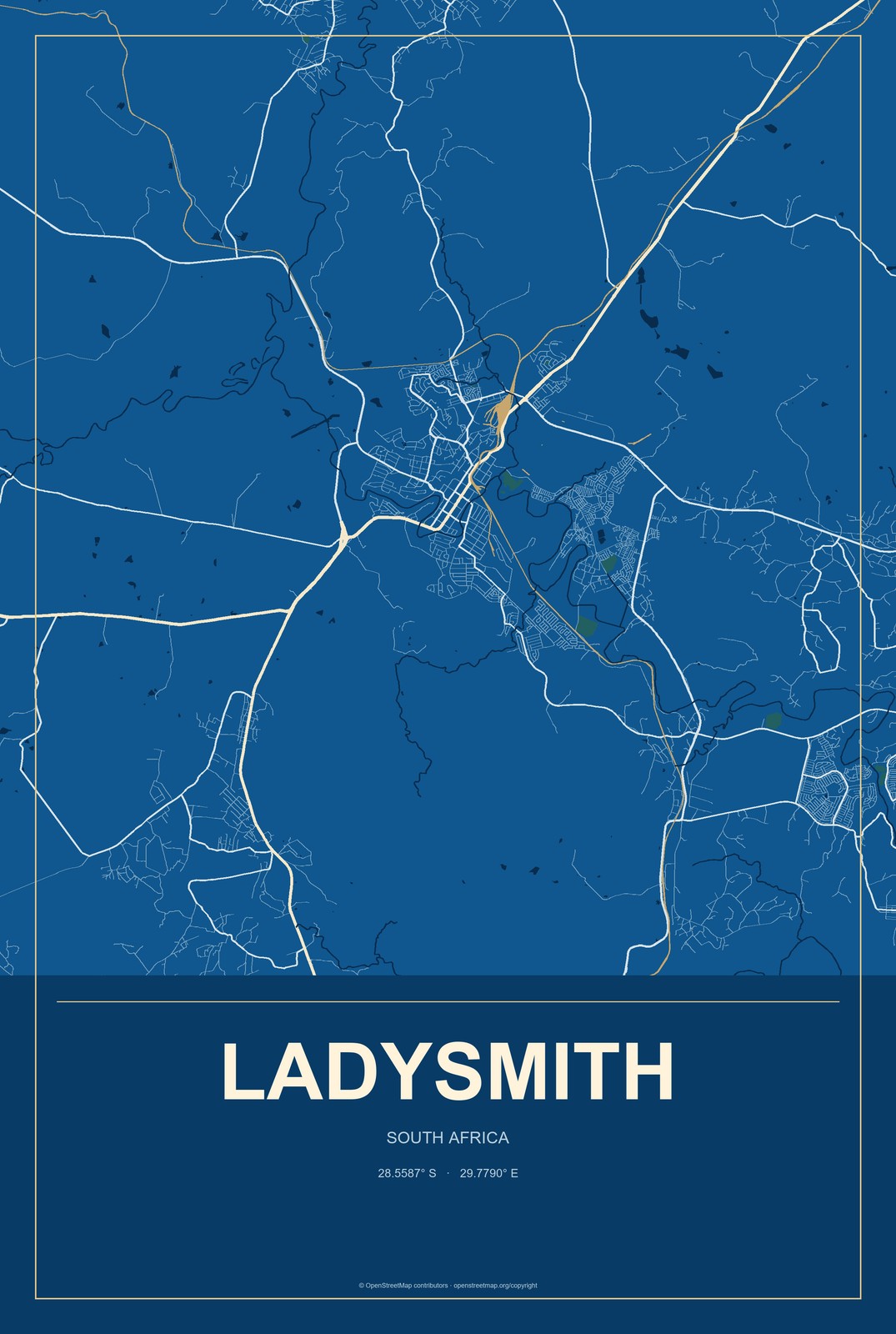Ladysmith, South Africa City Map Aluminum Sign in Harbor Cobalt style