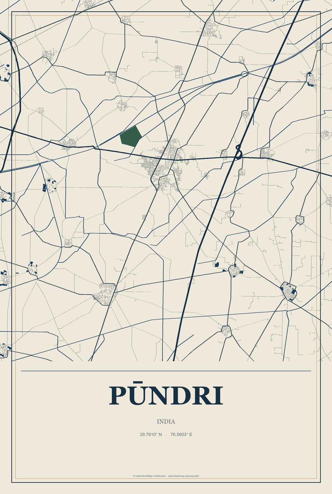 Pūndri, India City Map Aluminum Sign in Coastal Cutout style