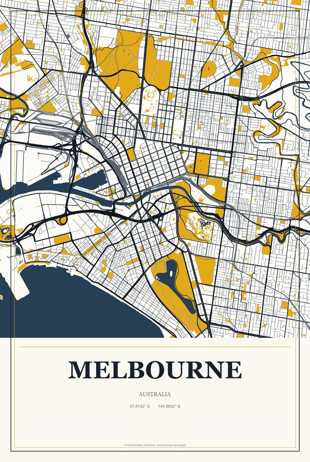 Melbourne, Australia City Map Aluminum Sign in Citrine Modern style